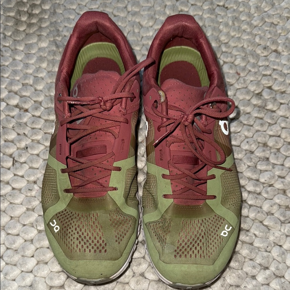 On Running Olive and Burgundy Athletic Shoes